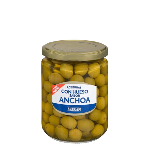 Aceitunas manzanilla sabor anchoa Hacendado con hueso mercadona