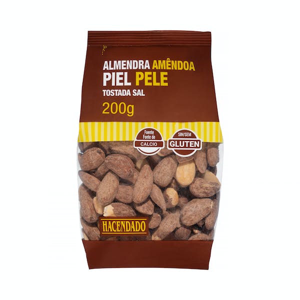Almendra tostada y salada Hacendado con piel mercadona