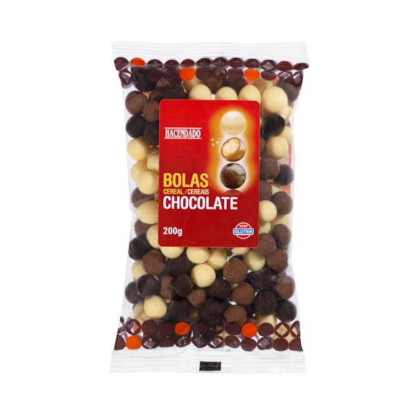 Bolas de cereal Hacendado bañadas de chocolate negro, con leche y blanco mercadona
