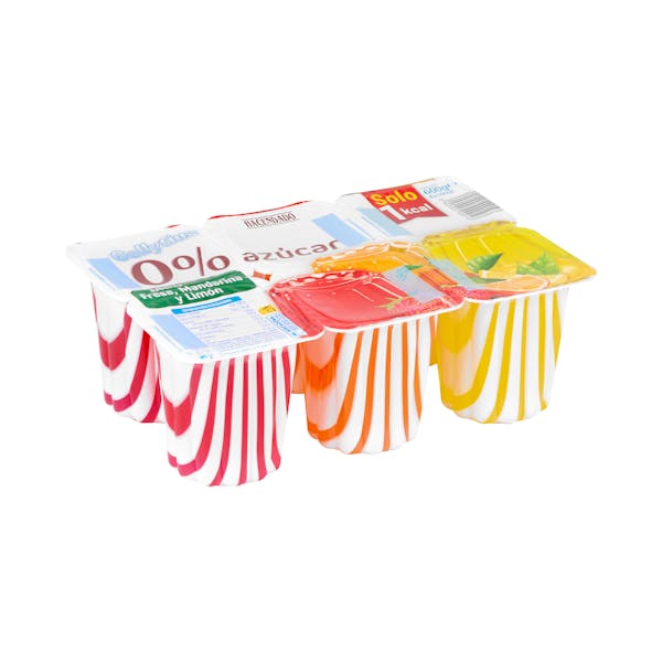 Gelatina 0% azúcar sabores fresa, mandarina y limón Hacendado mercadona