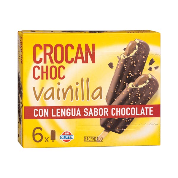 Helado crocan choc vainilla Hacendado con lengua sabor chocolate mercadona