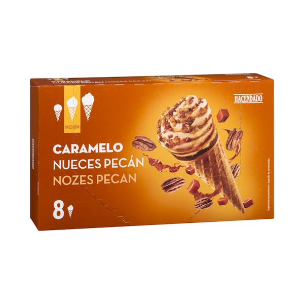 Helado cucurucho vainilla caramelo con nueces pecán Hacendado mercadona