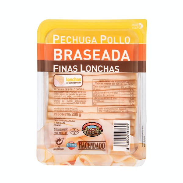 Pechuga de pollo braseada Hacendado finas lonchas mercadona