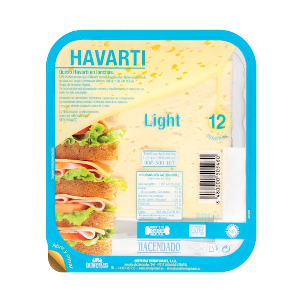 Queso light Havarti Hacendado lonchas mercadona